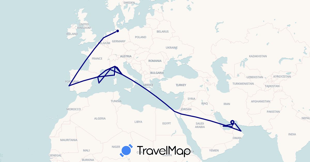 TravelMap itinerary: driving in United Arab Emirates, Germany, Egypt, Spain, France, Greece, Italy, Jordan, Netherlands, Oman, Portugal, Qatar (Africa, Asia, Europe)